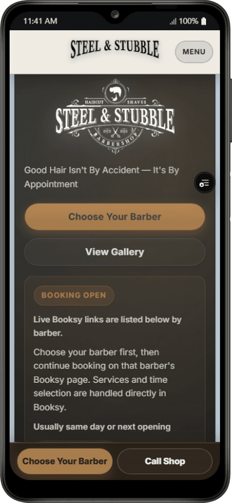 Mobile business website with booking and contact actions