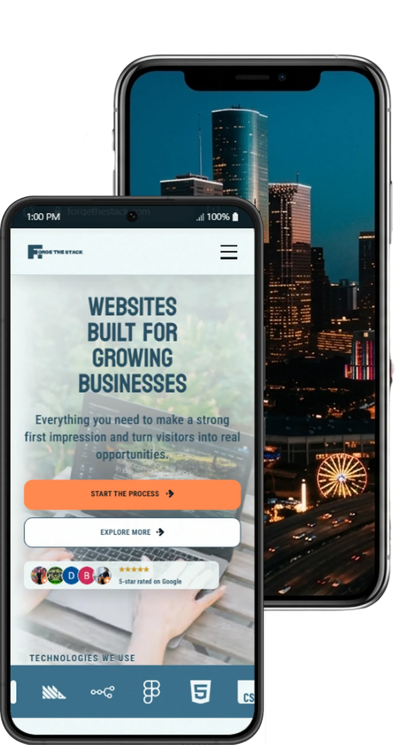 Two phone mockups showing a city at night and a person using a mobile website
